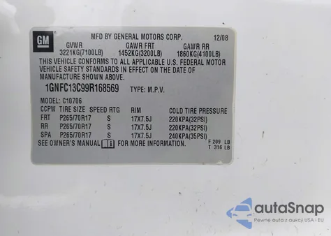 2009 Chevrolet Tahoe Ls из США, поврежденный, VIN 1GNFC13C99R168569